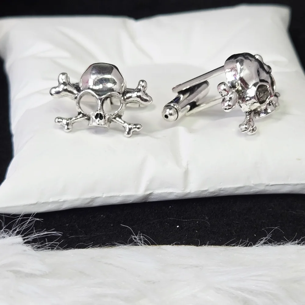 Skull & Crossbones Cufflinks Silver Pirate Gothic Viking French Cuff Formalwear
